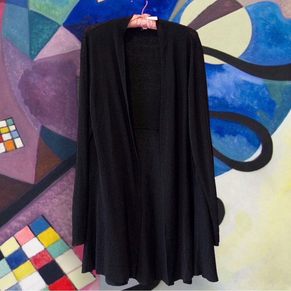 EILEEN FISHER ITALIAN YARN ORGANIC LINEN BLACK  LONGLINE OPEN CARDIGAN SWEATER